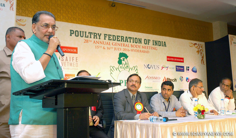 The Union Minister for Agriculture and Farmers Welfare, Shri Radha Mohan Singh addressing the 28th Annual General Body Meeting of the Poultry Federation of India, at Hyderabad on July 15, 2016.