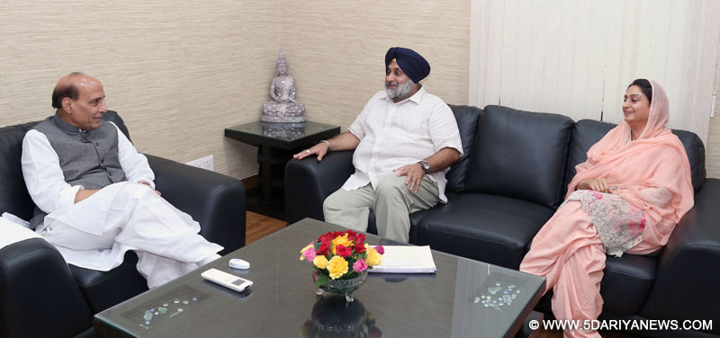 The Union Minister for Food Processing Industries, Smt. Harsimrat Kaur Badal and the Deputy Chief Minister of Punjab, Shri Sukhbir Singh Badal calling on the Union Home Minister, Shri Rajnath Singh, in New Delhi on July 15, 2016. 