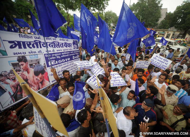 Bhartiya Dalit Panther (BDP) members stage a demonstration against Dalit Assault Case at Una, in Ahmedabad on July 19, 2016.