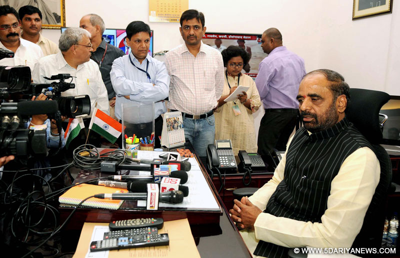Shri Hansraj Gangaram Ahir interacting with the media after taking charge as the Minister of State, Home Affairs, in New Delhi on July 11, 2016.