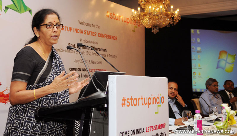 The Minister of State for Commerce & Industry (Independent Charge), Smt. Nirmala Sitharaman delivering the inaugural address at the Start Up India States’ conference, in New Delhi on July 23, 2016.