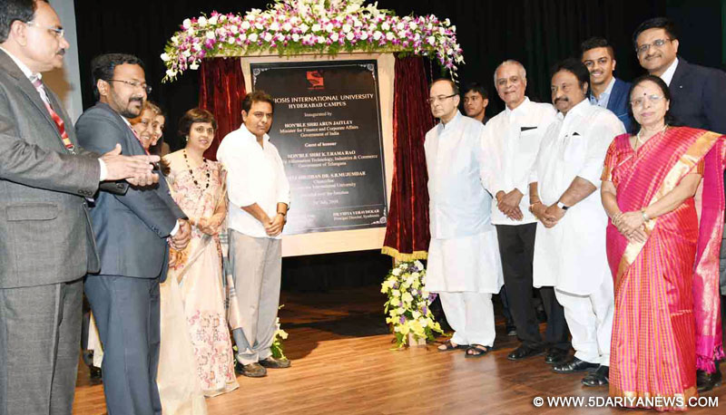 The Union Minister for Finance and Corporate Affairs,  Arun Jaitley at the inauguration of the Symbiosis International University’s (SIU) Hyderabad campus on July 24, 2016. The Minister for Information and Technology of Telangana, Shri K.T. Rama Rao and other dignitaries are also seen. 