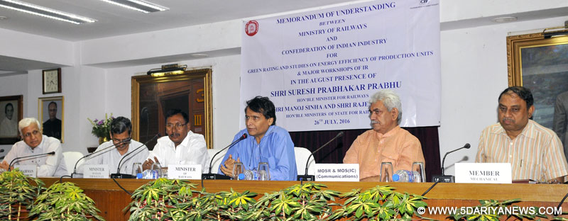 The Union Minister for Railways, Shri Suresh Prabhakar Prabhu addressing at the signing ceremony of an MoU between Ministry of Railways and Confederation of Indian Industry (CII) on Green Industrial Units and e-Release of “Final Report on the Passenger Feedback Survey completed at major Railway Stations for Cleanliness Ranking”, in New Delhi on July 26, 2016. The Minister of State for Communications (Independent Charge) and Railways, Shri Manoj Sinha, the Minister of State for Railways, Shri Raj
