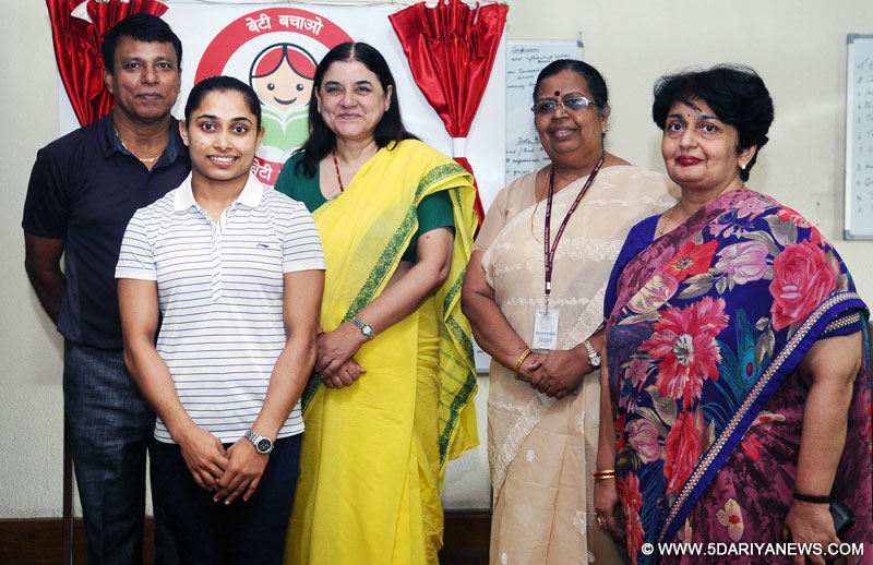 The Sportsperson, Contestant for Rio Olympics and BBBP Ambassador for Gomati District, Tripura, Ms. Dipa Karmakar meeting the Union Minister for Women and Child Development, Smt. Maneka Sanjay Gandhi, in New Delhi on July 28, 2016. The Secretary, Ministry of Women and Child Development, Ms. Leena Nair and the Additional Secretary, Ms. Preeti Sudan are also seen. 