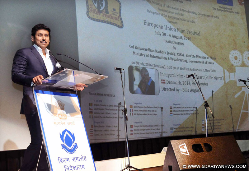 The Minister of State for Information & Broadcasting, Col. Rajyavardhan Singh Rathore addressing at the inauguration of the European Union Film Festival, in New Delhi on July 30, 2016.