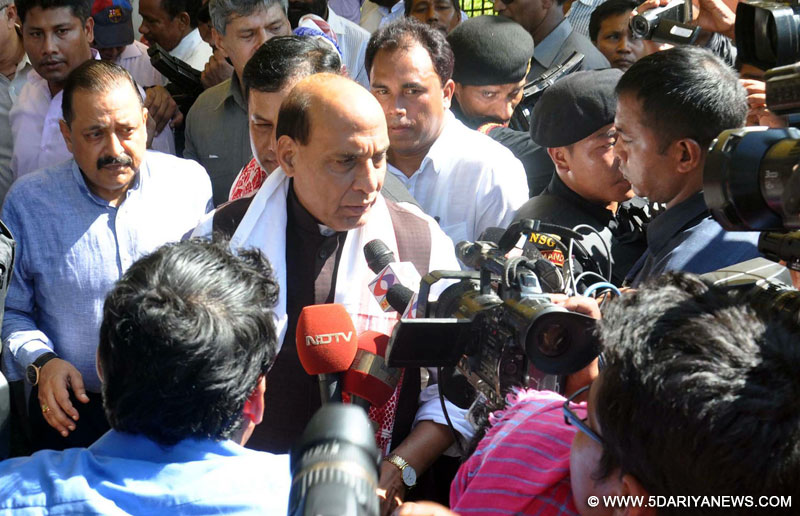 The Union Home Minister, Shri Rajnath Singh interacting the media persons after visiting the flood relief camp, at Morigaon District of Assam on July 30, 2016. The Minister of State for Development of North Eastern Region (I/C), Prime Minister’s Office, Personnel, Public Grievances & Pensions, Atomic Energy and Space, Dr. Jitendra Singh is also seen.