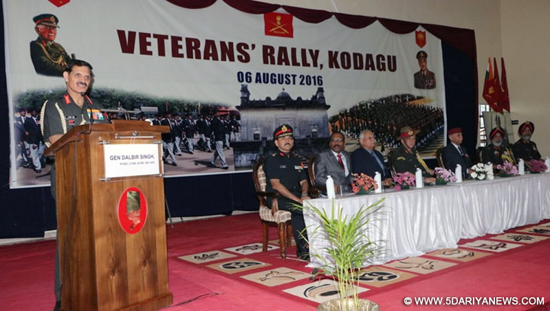 The Chief of Army Staff, General Dalbir Singh addressing the gathering at the Mega Veterans rally, at Madikeri, Karnataka on August 06, 2016.