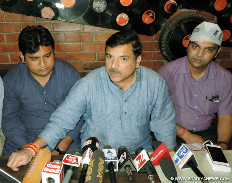 AAP leader Sanjay Singh addresses a press conference in Ghaziabad on Aug. 6, 2016. 
