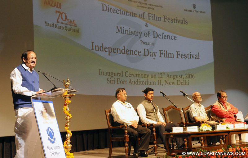 The Union Minister for Urban Development, Housing & Urban Poverty Alleviation and Information & Broadcasting, Shri M. Venkaiah Naidu delivering the inaugural address at the ‘Independence Day Film Festival’, in New Delhi on August 12, 2016. The Minister of State for Information & Broadcasting, Col. Rajyavardhan Singh Rathore, the Secretary, Ministry of Information & Broadcasting, Shri Ajay Mittal and other dignitaries are also seen.