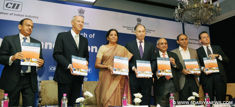 Nirmala Sitharaman launching the Global Innovation Index Report, at a function, in New Delhi on August 19, 2016. The Secretary, DIPP, Shri Ramesh Abhishek and other dignitaries are also seen.