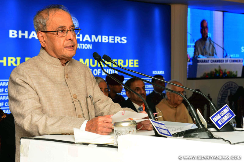 The President, Shri Pranab Mukherjee addressing the members of the Chamber of Commerce, at the inauguration of a new building of Bharat Chamber of Commerce, in Kolkata on August 23, 2016.