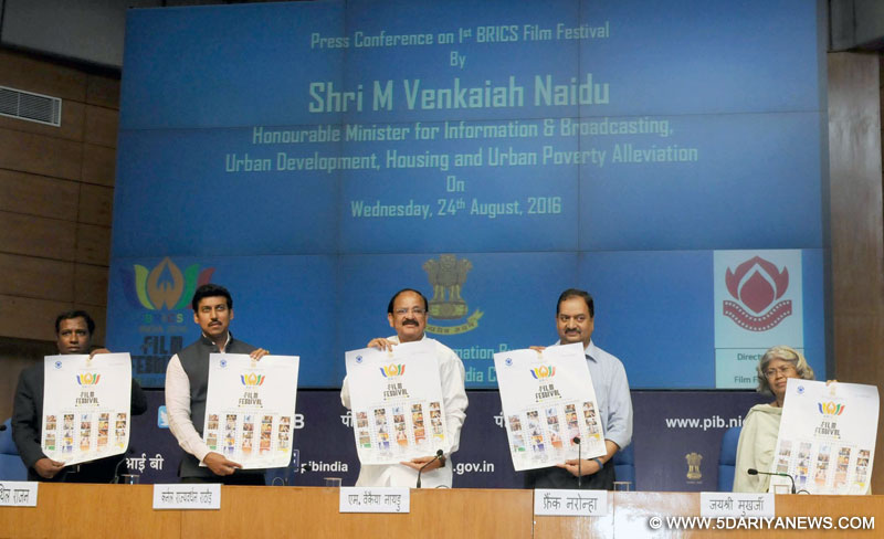 The Union Minister for Urban Development, Housing & Urban Poverty Alleviation and Information & Broadcasting, Shri M. Venkaiah Naidu releasing the Official Poster of the BRICS Film Festival, at a Press Conference, in New Delhi on August 24, 2016. The Minister of State for Information & Broadcasting, Col. Rajyavardhan Singh Rathore, the Director General (M&C), Press Information Bureau, Shri A.P. Frank Noronha and other dignitaries are also seen.