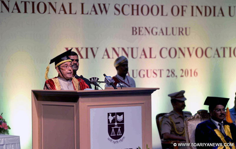 The President, Shri Pranab Mukherjee addressing at the 24th annual convocation of the National Law School of India University, Bangalore, in Karnataka on August 28, 2016.
