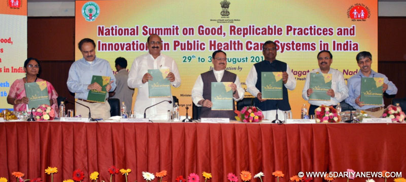The Union Minister for Health & Family Welfare, Shri J.P. Nadda releasing a book on Winds of Change, at the National summit on Good, Replicable practices and innovations in public health care systems in India, at Tirupathi, in Andhra Pradesh on August 29, 2016. The Minister of State for Health & Family Welfare, Shri Faggan Singh Kulaste and other dignitaries are also seen.