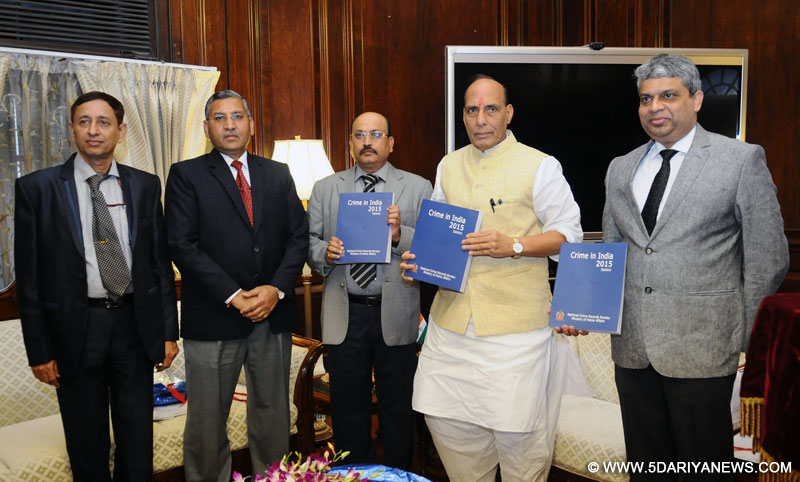 The Union Home Minister Shri Rajnath Singh releasing the 63rd edition of “Crimes in India-2015”, compiled by National Crime Records Bureau (NCRB), in New Delhi on August 30, 2016. The DG, NCRB, Shri Radha Krishna Kini and other senior officers of the Ministry are also seen.