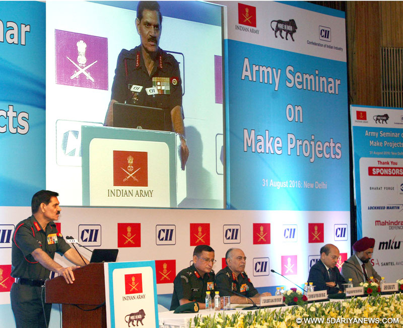 The Chief of Army Staff, General Dalbir Singh delivering the keynote address, at the Seminar on Make Projects, in New Delhi on August 31, 2016.