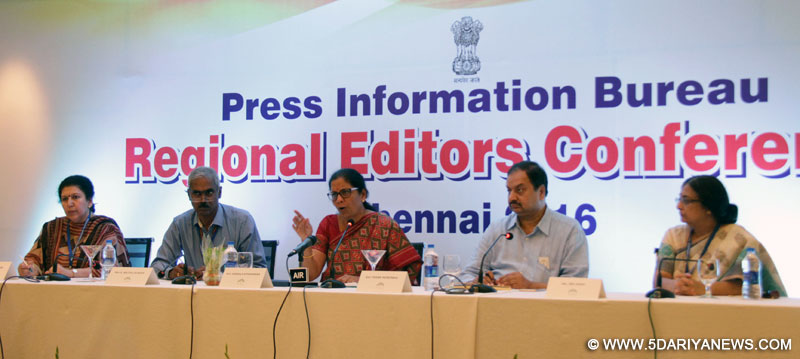 The Minister of State for Commerce & Industry (Independent Charge), Smt. Nirmala Sitharaman addressing the Regional Editors’ Conference, organised by the Press Information Bureau, in Chennai on September 02, 2016. The Director General (M&C), Press Information Bureau, Shri A.P. Frank Noronha, the ADG, PIB, New Delhi, Ms. Ira Joshi and the ADG, PIB, Chennai, Shri Muthu Kumar are also seen.