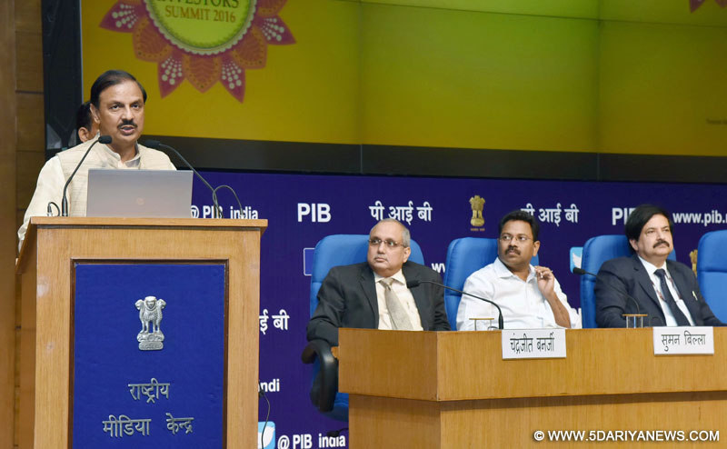 The Minister of State for Culture and Tourism (Independent Charge), Dr. Mahesh Sharma addressing a press conference about the ‘Incredible India Tourism Investors Summit 2016’, organised by the Ministry of Tourism from 21-23 September 2016, in New Delhi on September 05, 2016. The Secretary, Ministry of Tourism, Shri Vinod Zutshi and other dignitaries are also seen.