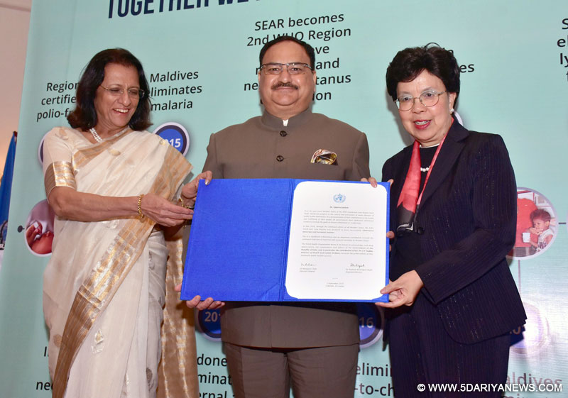  The Union Minister for Health & Family Welfare, Shri J.P. Nadda being presented the certificates for Maternal and Neonatal Tetanus Elimination (MNTE) and Yaws-Free Status by the DG, WHO, Dr. Margaret Chan and the DG, WHO-SEARO, Dr. Poonam Khetrapal Singh, at 69th Session of SEARO, in Colombo, Sri Lanka on September 06, 2016. 