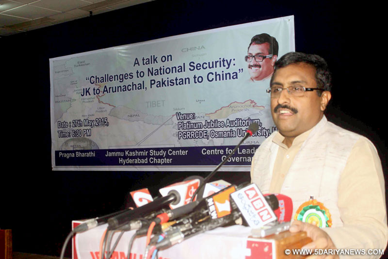 BJP general secretary Ram Madhav addresses during a talk on `Challenges to National Security : JK to Arunachal, Pakistan to China` at Osmania University in Hyderabad, on May 27, 2015.