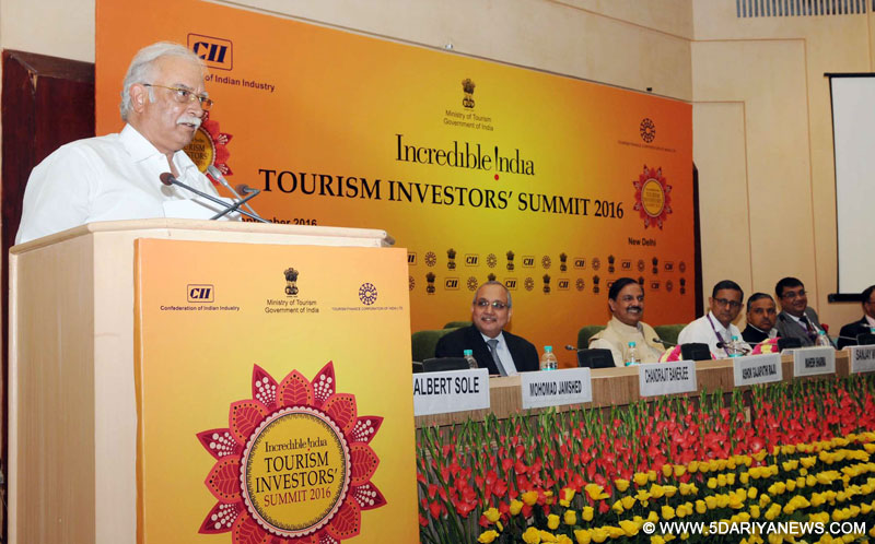  The Union Minister for Civil Aviation, Shri Ashok Gajapathi Raju Pusapati delivering the keynote address at the Plenary Session II: “Core Infrastructure for Tourism”, during the ‘Incredible India-Tourism Investors’ Summit 2016’, in New Delhi on September 22, 2016. The Minister of State for Culture and Tourism (Independent Charge), Dr. Mahesh Sharma, the Secretary, Ministry of Road Transport and Highways, Shri Sanjay Mitra and other dignitaries are also seen.