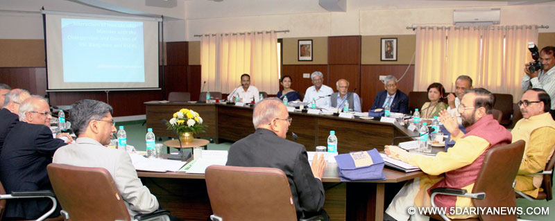 The Union Minister for Human Resource Development, Shri Prakash Javadekar interacting with the Chairpersons and Directors of IISERs at Pune, Kolkata, Mohali, Bhopal, Thiruvananthapuram and IISc Bangalore, at IISER Mohali, Punjab on September 23, 2016. The Minister of State for Human Resource Development, Dr. Mahendra Nath Pandey is also seen.