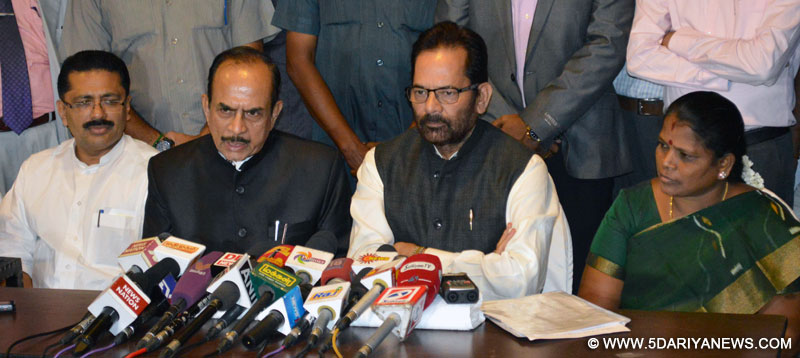 Mukhtar Abbas Naqvi addressing the media after interacting with the Ministers and Secretaries of Minorities Welfare of Southern States, in Chennai on September 23, 2016.