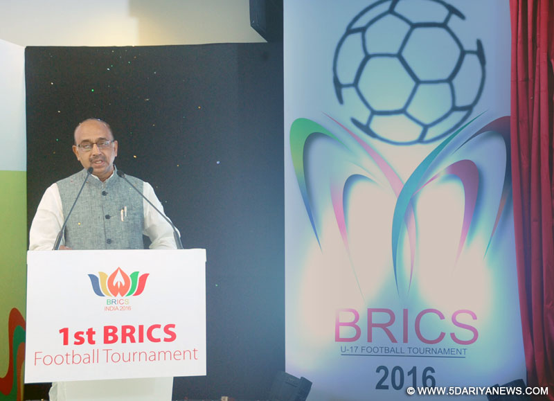 The Minister of State for Youth Affairs and Sports (I/C), Water Resources, River Development and Ganga Rejuvenation, Shri Vijay Goel addressing the media persons after unveiling the BRICS U-17 Football Tournament Logo, at Bambolim Stadium, in Goa on September 26, 2016.