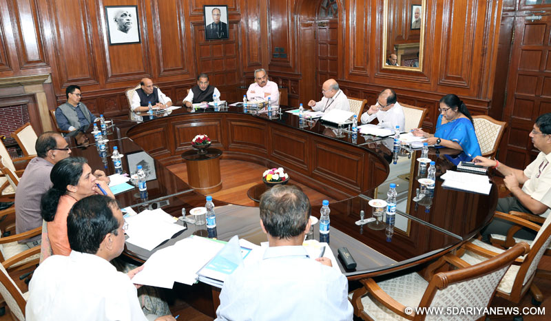 The Union Home Minister, Shri Rajnath Singh chairing a meeting of the High Level Committee for Central Assistance to drought affected Maharashtra, in New Delhi on September 28, 2016. The Union Minister for Agriculture and Farmers Welfare, Shri Radha Mohan Singh, the Minister of State for Home Affairs, Shri Kiren Rijiju, the Union Home Secretary, Shri Rajiv Mehrishi and senior officers of the Ministries of Home, Finance and Agriculture are also seen.