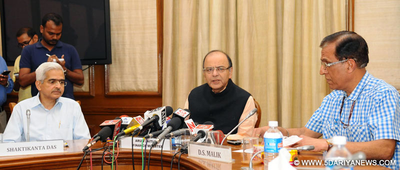 The Union Minister for Finance and Corporate Affairs, Shri Arun Jaitley addressing a press conference with regard to India is ranking in Global Competitive Index, in New Delhi on September 28, 2016. The Secretary, Department of Economic Affairs, Shri Shaktikanta Das is also seen.