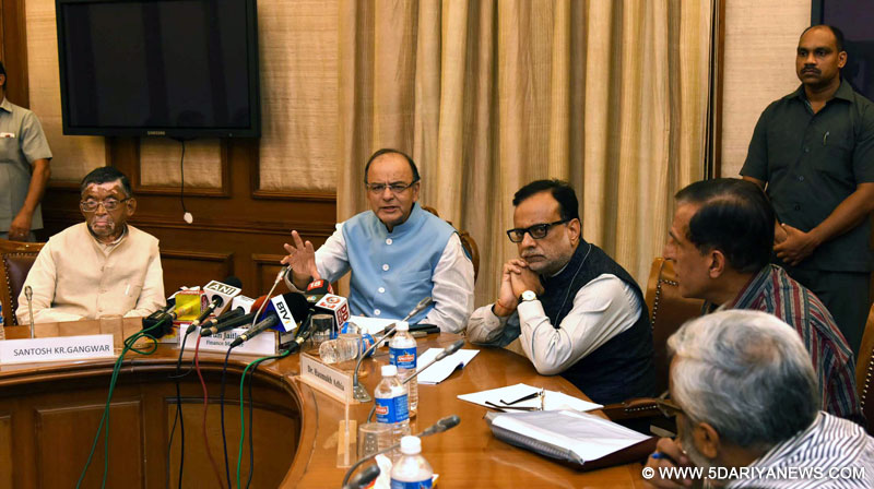 The Union Minister for Finance, Corporate Affairs and Information & Broadcasting, Shri Arun Jaitley briefing the media about the outcome of the 2nd meeting of the GST Council, in New Delhi on September 30, 2016. The Minister of State for Finance, Shri Santosh Kumar Gangwar and the Revenue Secretary, Dr. Hasmukh Adhia are also seen.