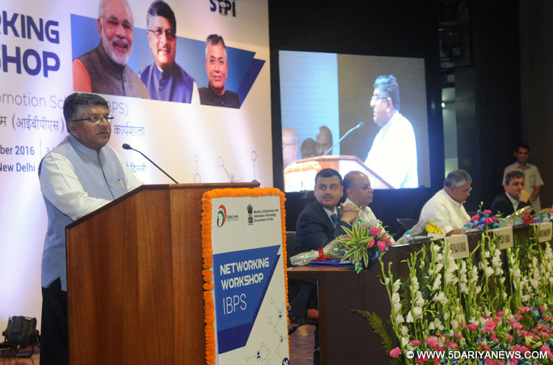 Ravi Shankar Prasad delivering the inaugural address at the Networking workshop on India BPO Promotion Scheme under Digital India Programme, in New Delhi on October 03, 2016. The Minister of State for Electronics & Information Technology and Law & Justice, Shri P.P. Chaudhary and other dignitaries are also seen. 