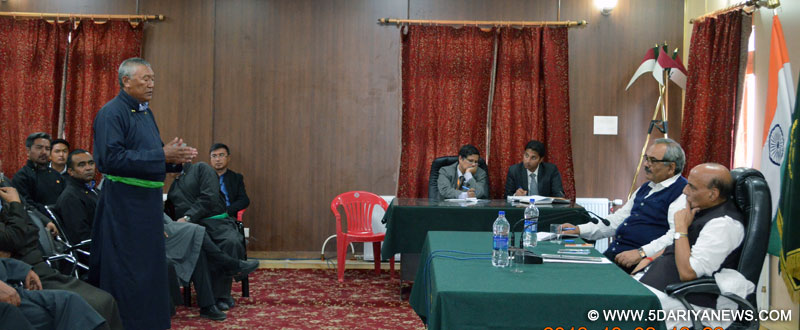 The Union Home Minister, Shri Rajnath Singh meeting with over 15 political parties, religious communities and civil society groups, in Leh, Jammu and Kashmir on October 03, 2016. The Home Secretary, Shri Rajiv Mehrishi is also seen.