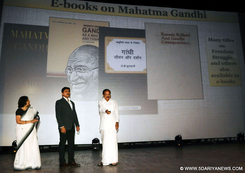 The Union Minister for Urban Development, Housing & Urban Poverty Alleviation and Information & Broadcasting, Shri M. Venkaiah Naidu releasing the E-books on Mahatma Gandhi, at the felicitation ceremony of the Swachh Bharat Short Film Festival, in New Delhi on October 02, 2016. The Minister of State for Information & Broadcasting, Col. Rajyavardhan Singh Rathore is also seen.