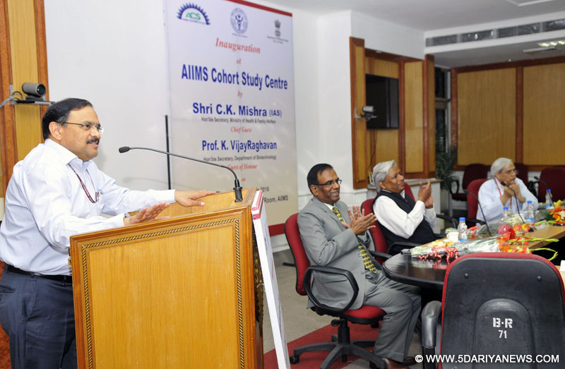 The Secretary (Health and Family Welfare), Shri C.K. Mishra addressing at the inauguration of the AIIMS Cohort Study Centre, in New Delhi on October 06, 2016. The Secretary, Department of Science & Technology, Prof. K. Vijay Raghavan and the Director, AIIMS, New Delhi, Dr. (Prof.) M.C. Mishra are also seen.