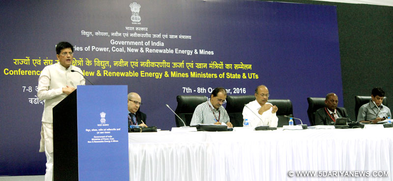 The Minister of State for Power, Coal, New and Renewable Energy and Mines (Independent Charge), Shri Piyush Goyal addressing the inaugural session of the Conference of Ministers for Power, New & Renewable Energy & Mines of States & Union Territories, in Vadodara, Gujarat on October 07, 2016.