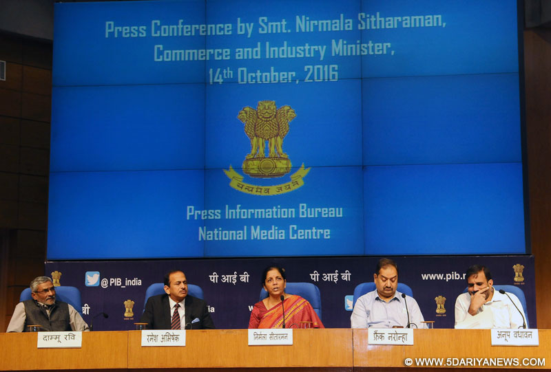 Nirmala Sitharaman addressing a press conference, in New Delhi on October 14, 2016. The Secretary, DIPP, Shri Ramesh Abhishek, the Director General (M&C), Press Information Bureau, Shri A.P. Frank Noronha and other dignitaries are also seen.