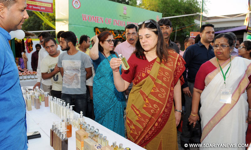 Maneka Sanjay Gandhi visiting after inaugurating the Women of India Festival-2016 of Organic Products by Women, at Dilli Haat, in New Delhi on October 14, 2016. The Secretary, Ministry of Women and Child Development, Ms. Leena Nair is also seen.