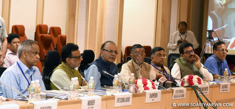 The Union Minister for Finance and Corporate Affairs, Shri Arun Jaitley briefing the media after the conclusion of the 3rd meeting of the GST Council, in New Delhi on October 19, 2016. The Minister of State for Finance, Shri Santosh Kumar Gangwar, the Revenue Secretary, Dr. Hasmukh Adhia and other dignitaries are also seen.