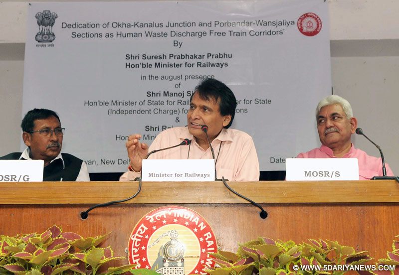 The Union Minister for Railways, Shri Suresh Prabhakar Prabhu addressing after inaugurating the “Okha-Kanalus and Porbandar-Wansjaliya Sections in Gujarat of Western Railways as Green Corridor Sections (Free from human waste discharge from trains), through video-conferencing from Rail Bhawan, in New Delhi on October 19, 2016. The Minister of State for Communications (Independent Charge) and Railways, Shri Manoj Sinha and the Minister of State for Railways, Shri Rajen Gohain are also seen.