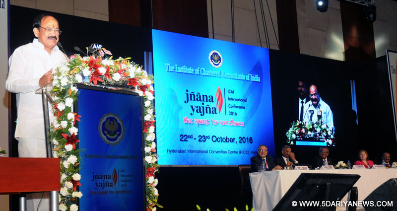 The Union Minister for Urban Development, Housing & Urban Poverty Alleviation and Information & Broadcasting, Shri M. Venkaiah Naidu addressing the gathering at the inauguration of the ICAI International Conference ‘Jnana Yajna’, in Hyderabad on October 22, 2016. 