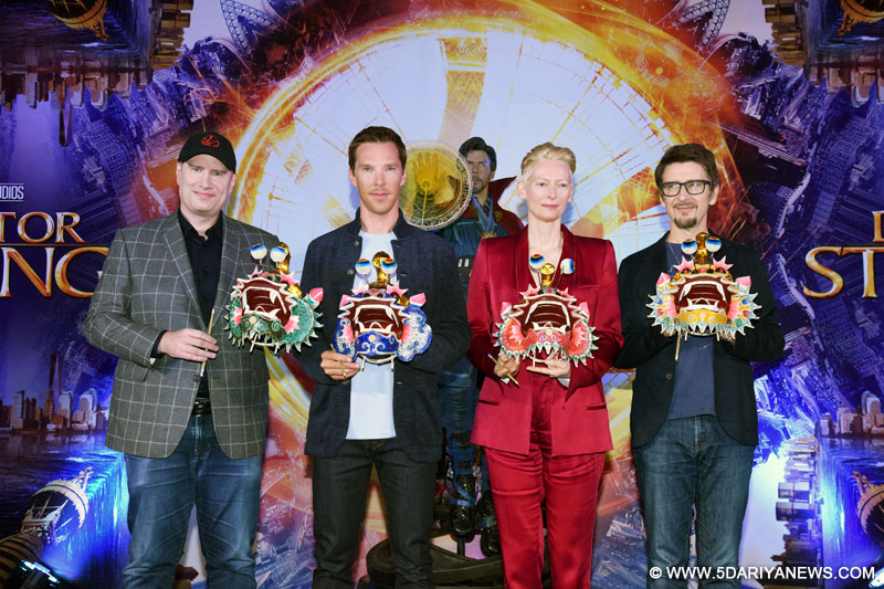 Kevin Feige with Benedict Cumberbatch, Tilda Swinton, Scott Derrickson