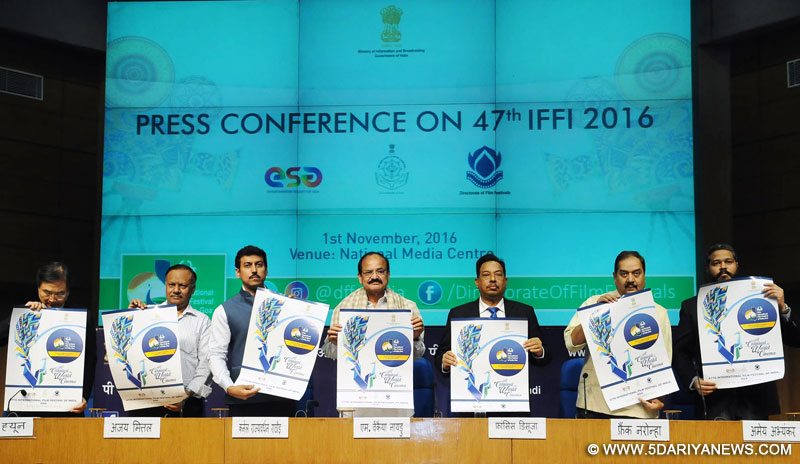 M. Venkaiah Naidu releasing the Poster for the IFFI - 2016, at the press conference on 47th International Film Festival of India (IFFI), in New Delhi on November 01, 2016. The Deputy Chief Minister of Goa, Shri Francis Dsouza, the Minister of State for Information & Broadcasting, Col. Rajyavardhan Singh Rathore, the Secretary, Ministry of Information & Broadcasting, Shri Ajay Mittal, the Director General (M&C), Press Information Bureau, Shri A.P. Frank Noronha and other dignitaries are also seen