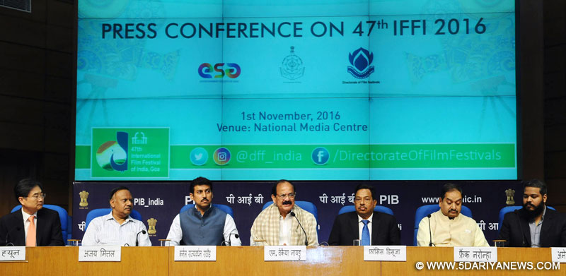  M. Venkaiah Naidu addressing a press conference on 47th International Film Festival of India (IFFI), in New Delhi on November 01, 2016. The Deputy Chief Minister of Goa, Shri Francis Dsouza, the Minister of State for Information & Broadcasting, Col. Rajyavardhan Singh Rathore, the Secretary, Ministry of Information & Broadcasting, Shri Ajay Mittal, the Director General (M&C), Press Information Bureau, Shri A.P. Frank Noronha and other dignitaries are also seen.