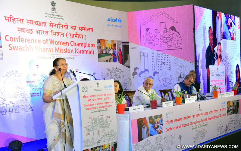 The Speaker, Lok Sabha, Smt. Sumitra Mahajan addressing the National Conclave of Women Champions for Swachh Bharat Mission (Gramin) organised by the Ministry of Drinking Water and Sanitation, in New Delhi on November 10, 2016. The Union Minister for Rural Development, Panchayati Raj, Drinking Water and Sanitation, Shri Narendra Singh Tomar, the Minister of State for Drinking Water & Sanitation, Shri Ramesh Chandappa Jigajinagi and the Secretary, Ministry of Drinking Water and Sanitation, Shri Pa