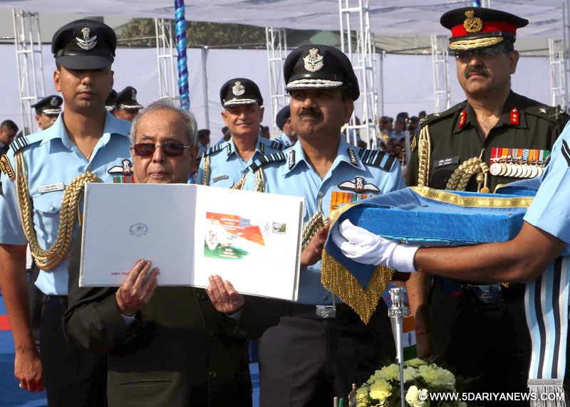 The President of India and Supreme Commander of Indian Armed Forces, Shri Pranab Mukherjee visiting the Photo Exhibition, at the presentation of Standards to 501 Signal Unit and 30 Squadron of Indian Air Force, at Air Force Station, Ambala, in Haryana on November 10, 2016. The Governor of Haryana, Prof. Kaptan Singh Solanki, the Chief Minister of Haryana, Shri Manohar Lal Khattar and the Chief of the Air Staff, Air Chief Marshal Arup Raha are also seen.