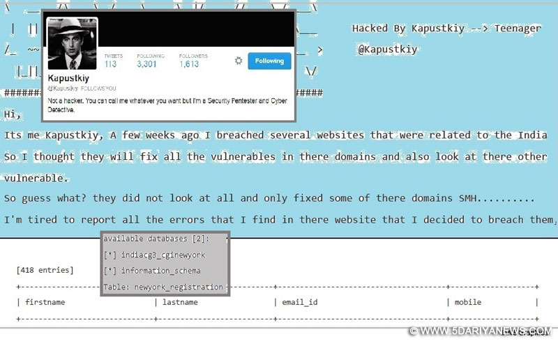 A person using the identity Kapustkiy and claiming to be a 17-year-old student has hacked into Indian diplomatic web sites asserting that the cyberintrusion was well-intentioned to show the vulnerabilities so they can be fixed. The illustration shows Kapustkiy\