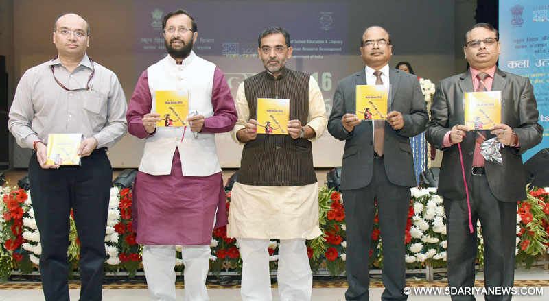  The Union Minister for Human Resource Development, Shri Prakash Javadekar releasing the brochure at the inauguration of the Kala Utsav-2016, in New Delhi on November 15, 2016. The Minister of State for Human Resource Development, Shri Upendra Kushwaha and other dignitaries are also seen.