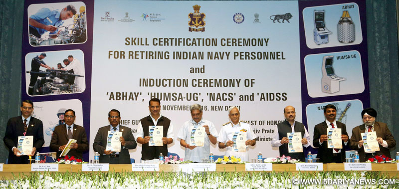 The Union Minister for Defence, Shri Manohar Parrikar releasing the DRDO Procurement Manual 2016, on the occasion of handing over of four indigenous Naval Systems, developed by DRDO to the Indian Navy and distribution of Skill Certificates and Placement letters to retiring Navy personnel, in New Delhi on November 18, 2016.