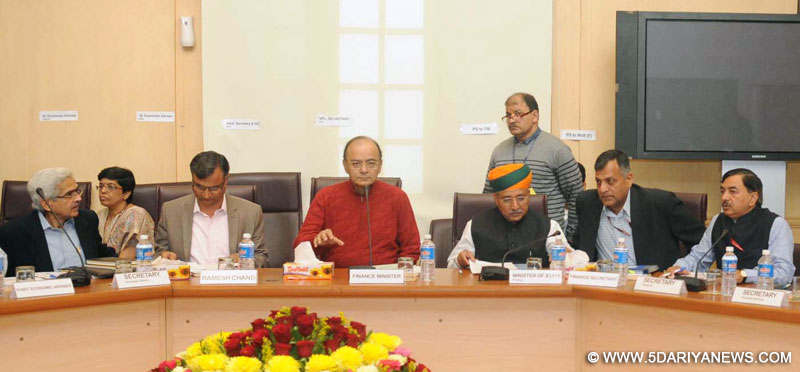 The Union Minister for Finance and Corporate Affairs, Shri Arun Jaitley holding the two Pre-Budget Consultative Meetings, in New Delhi on November 19, 2016. The Minister of State for Finance and Corporate Affairs, Shri Arjun Ram Meghwal and other dignitaries are also seen.
